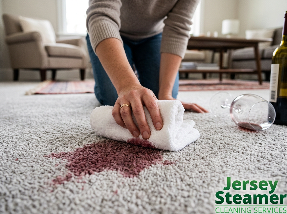 Blotting red wine stain on carpet with towel