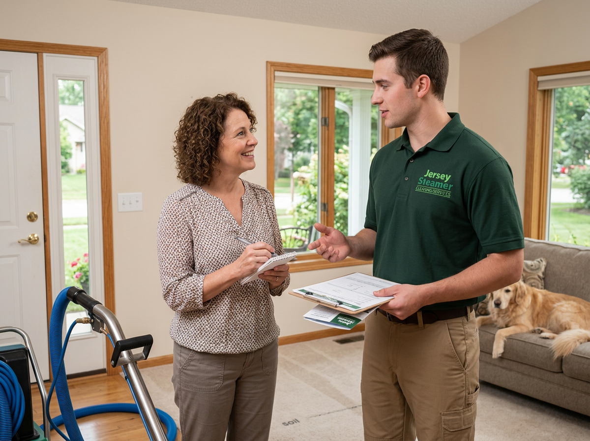 Homeowner asking questions to carpet cleaning technician