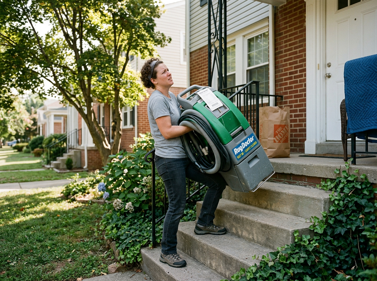 Heavy rental carpet cleaning machine being carried upstairs